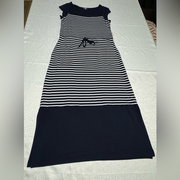Talbots Women LP Stretchy Striped Navy Blue/White Shirt Sleeve Maxi Dress Slits - Picture 12 of 13